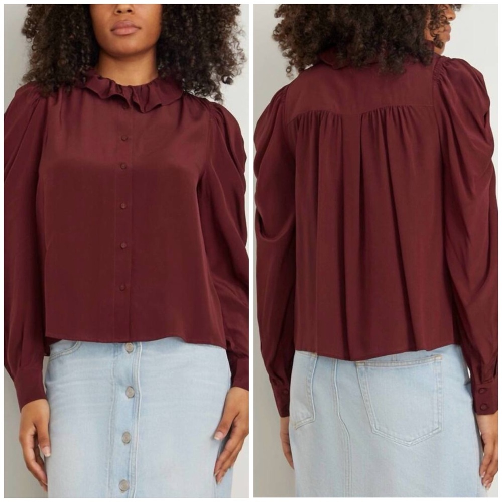 Ulla Johnson Dara Blouse Mahogany Silk Burgundy Long Sleeve Button Up Sz 2